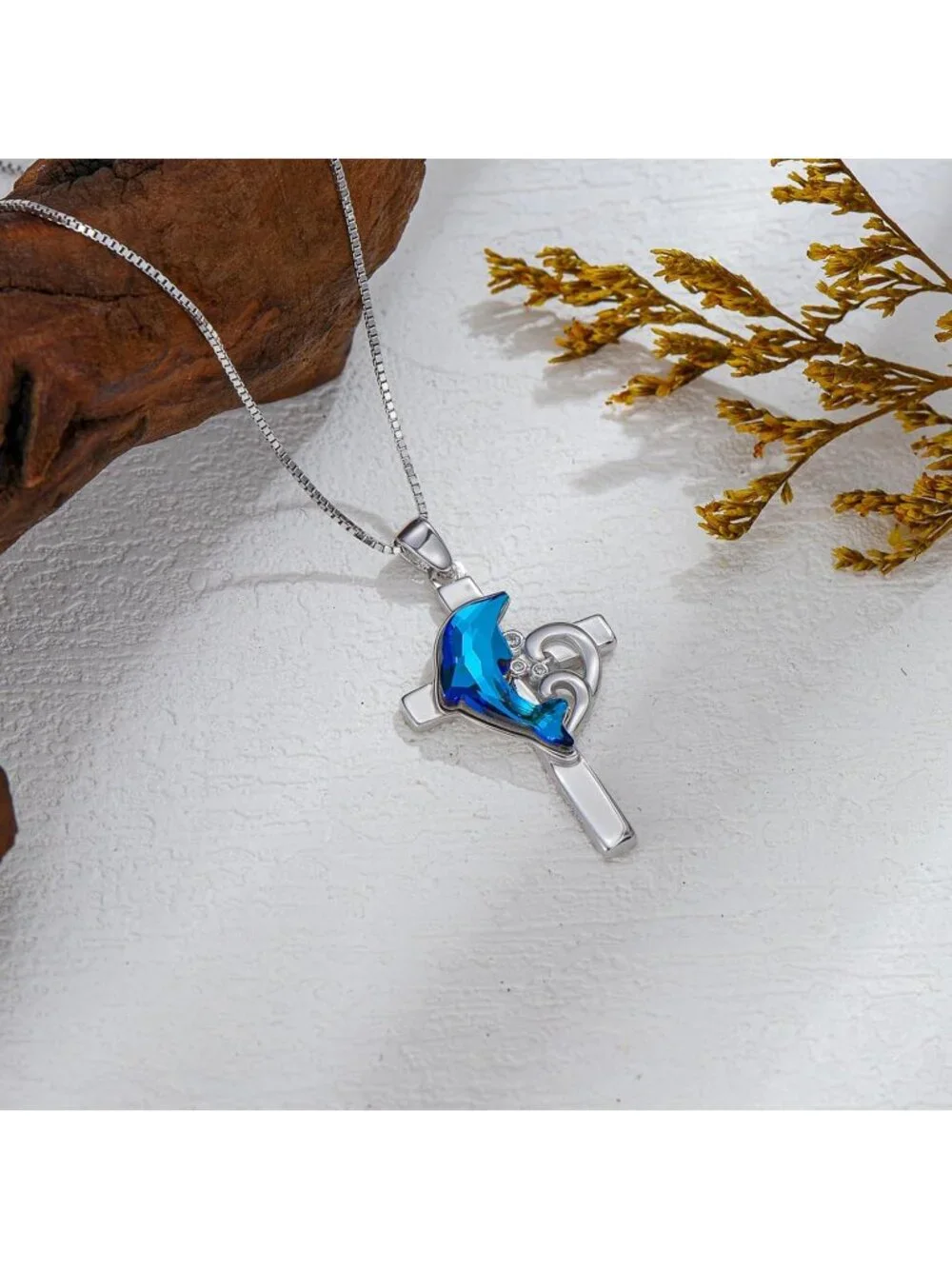 Women's Blue Sterling Silver Dolphin Pendant Beach Themed Crystal Necklace